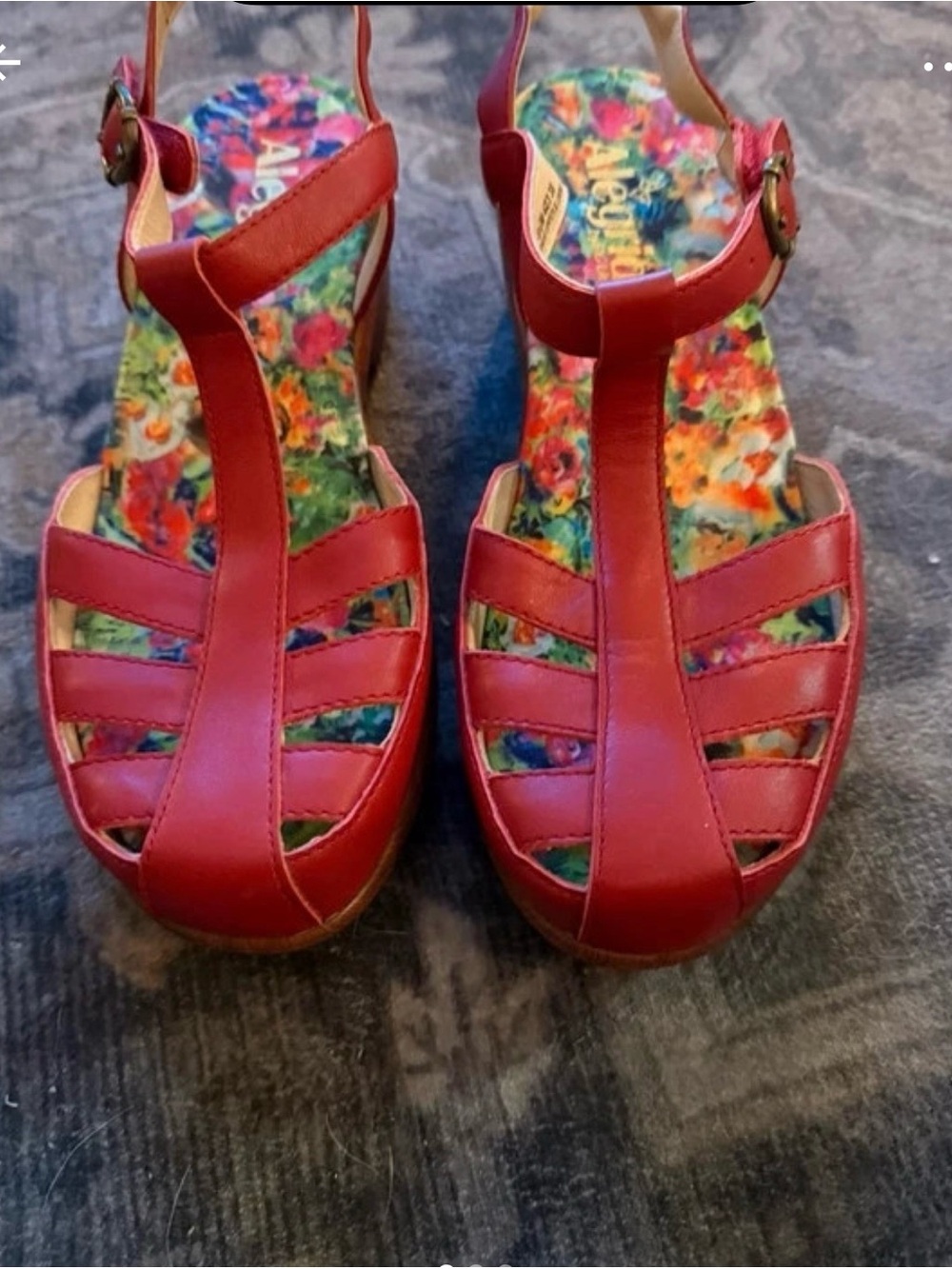 Alegria Red T‑Strap Leather Wedge Sandals Sz 8 38